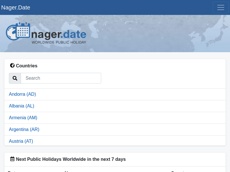 Screenshot of Nager Date API website
