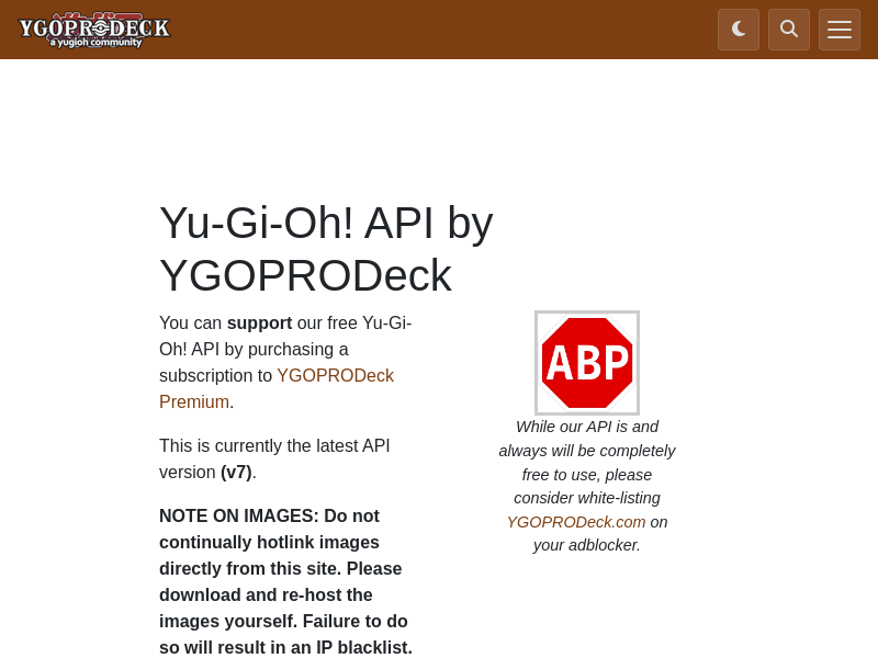 Screenshot of ygoprodeck API website