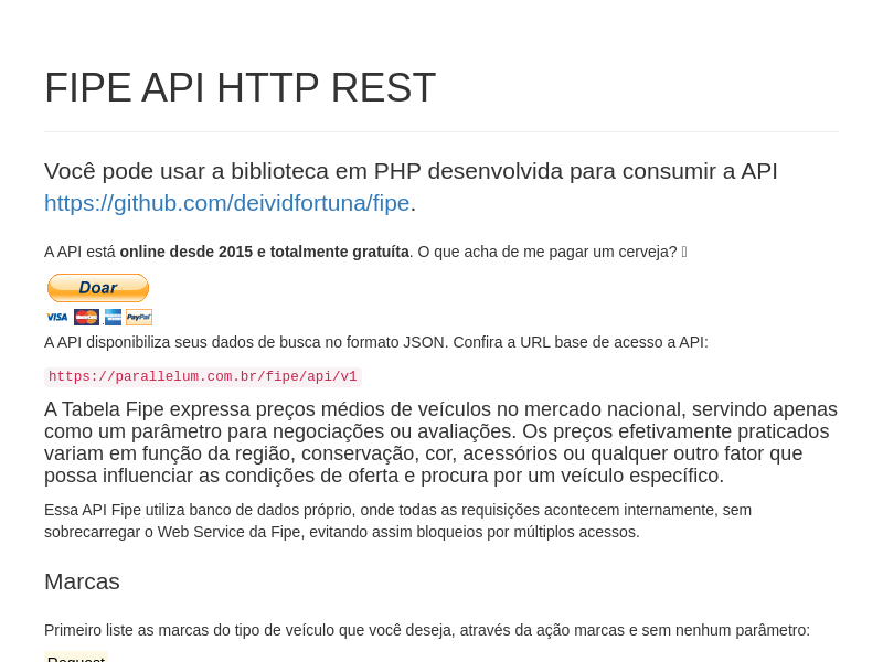 Screenshot of FIPE API website