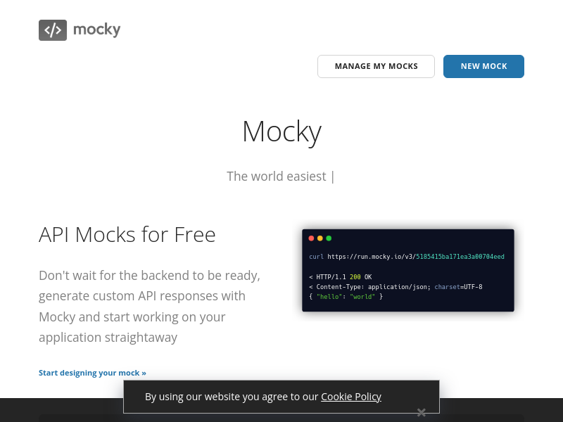 Screenshot of Mocky Designer API website