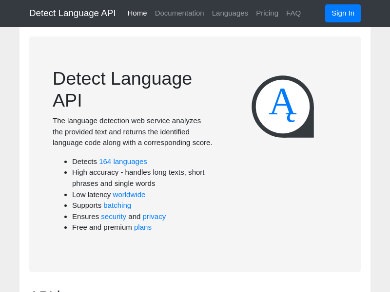 Screenshot of Detect Language API website