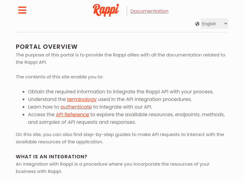 Screenshot of Rappi API website