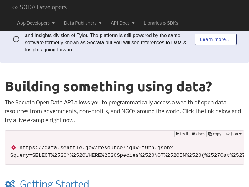 Screenshot of Socrata API website