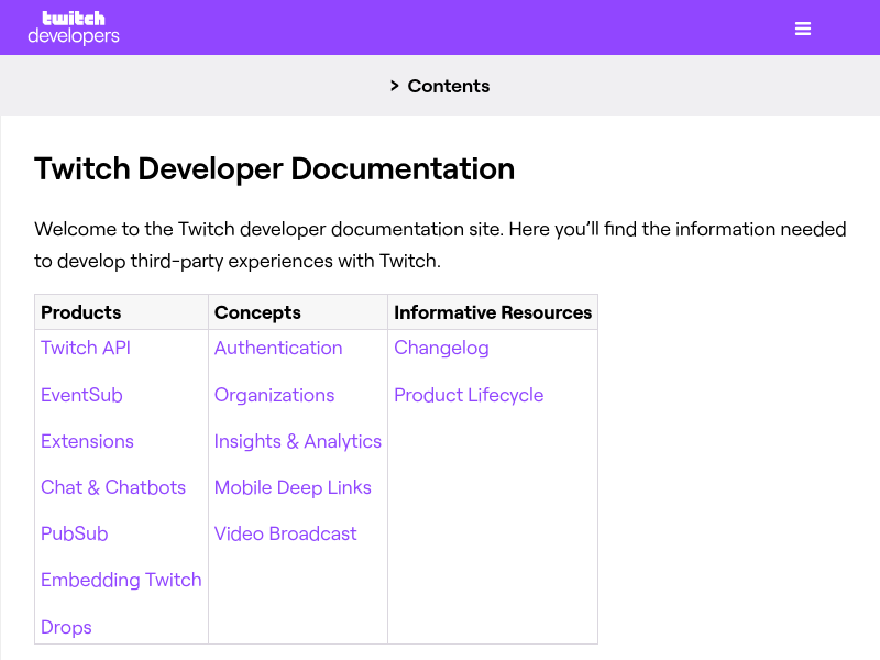 Screenshot of Twitch API website