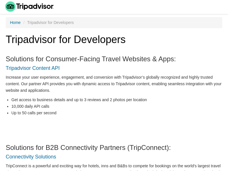 Screenshot of TripAdvisor API website