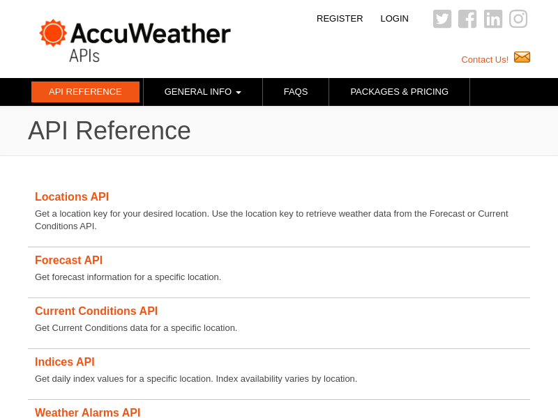 Screenshot of AccuWeather APIs website
