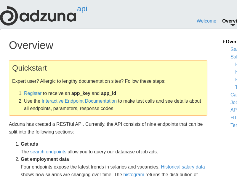 Screenshot of Adzuna API website