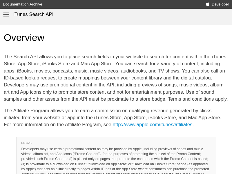 Screenshot of iTunes Search API website