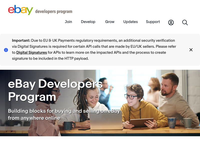 Screenshot of eBay API website