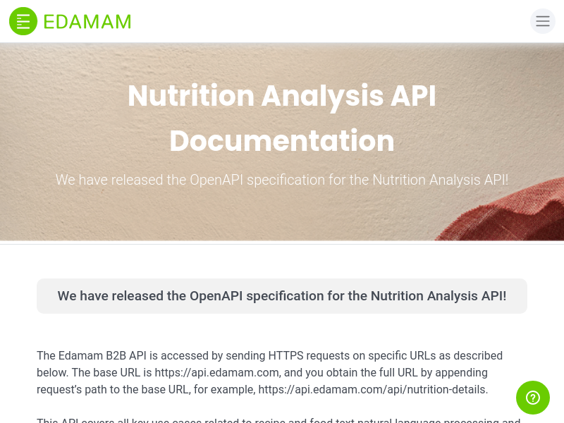 Screenshot of Edamam Nutrition API website