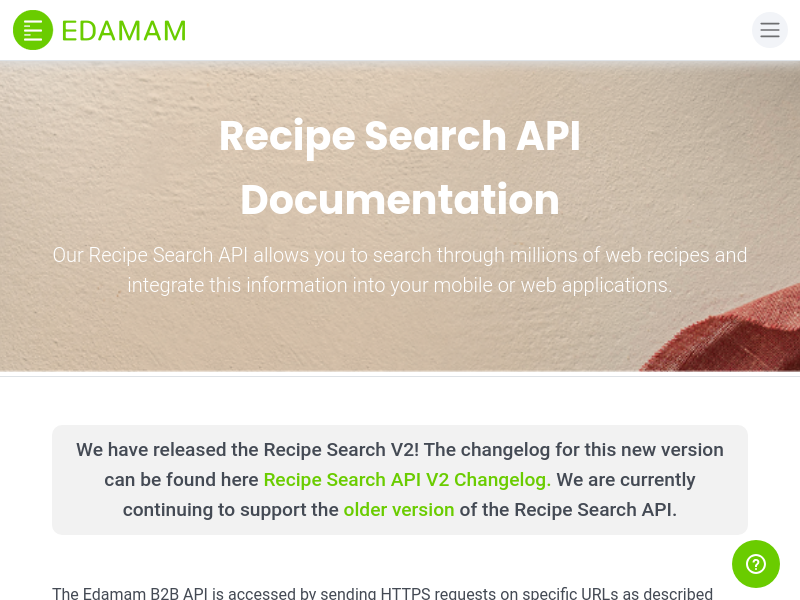 Screenshot of Edamam Recipe API website