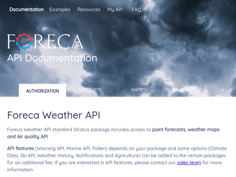 Screenshot of Foreca Weather API website