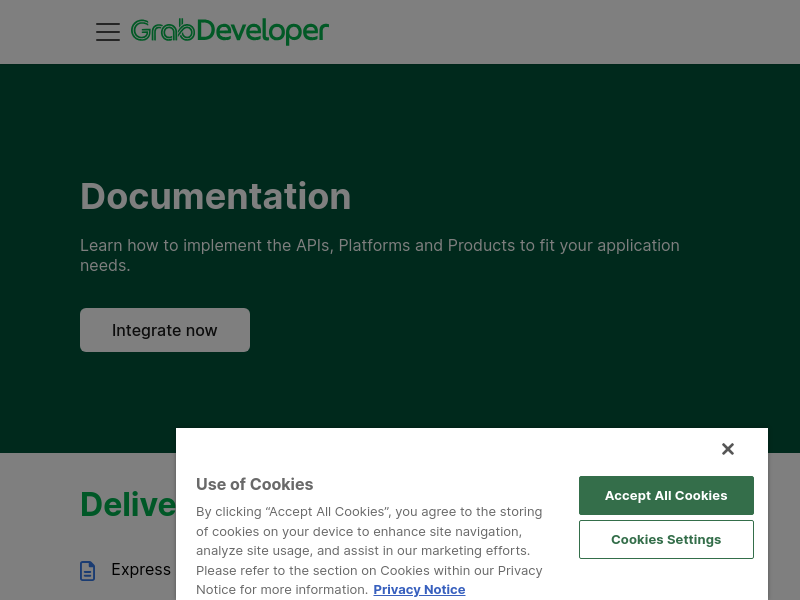 Screenshot of Grab API website