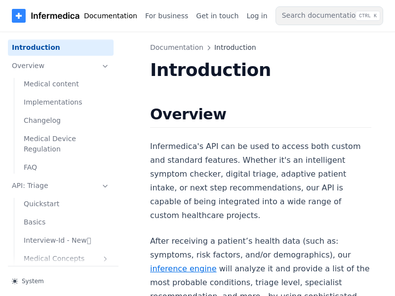 Screenshot of Infermedica API website