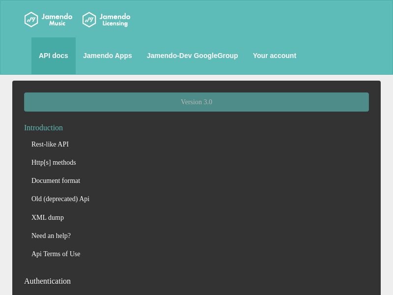 Screenshot of Jamendo API website