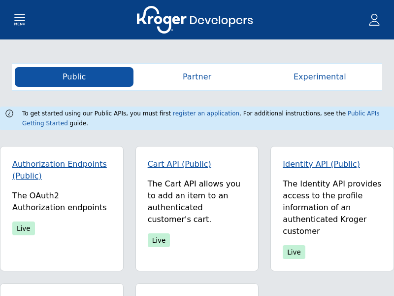 Screenshot of Kroger Developer API website
