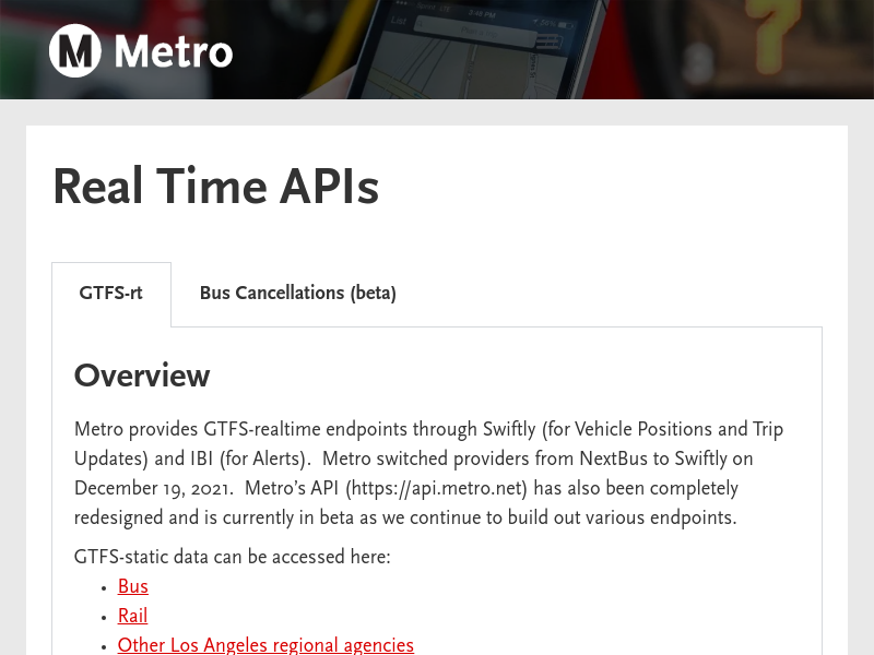 Screenshot of Metro Developer website