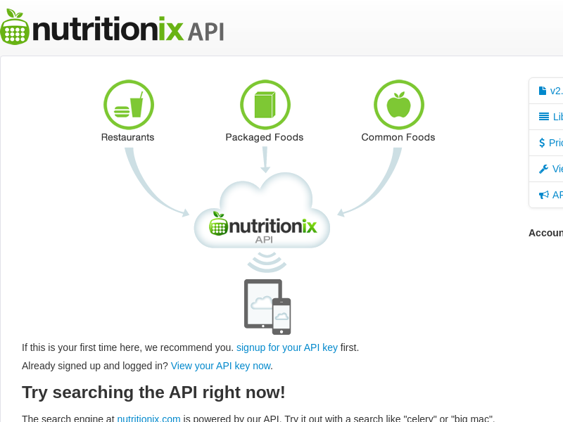 Screenshot of Nutritionix API website
