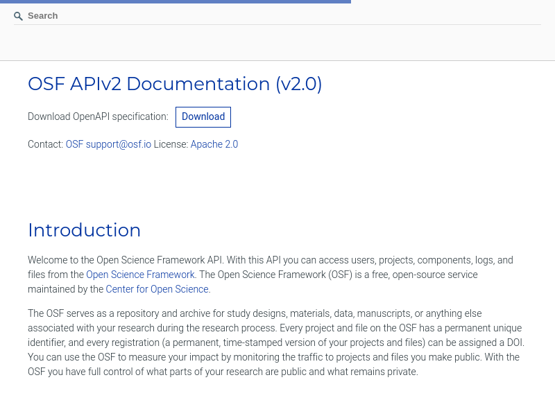 Screenshot of OSF API website