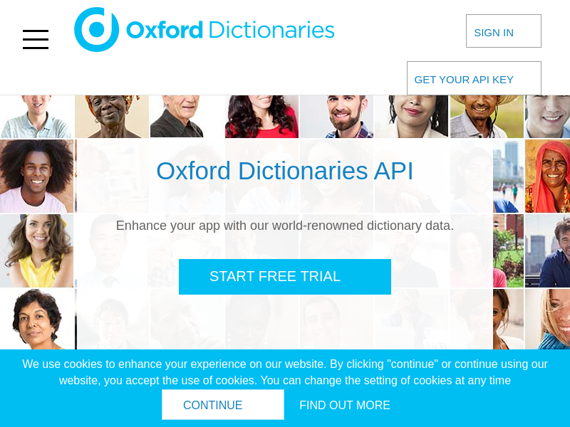 Screenshot of Oxford Dictionaries API website