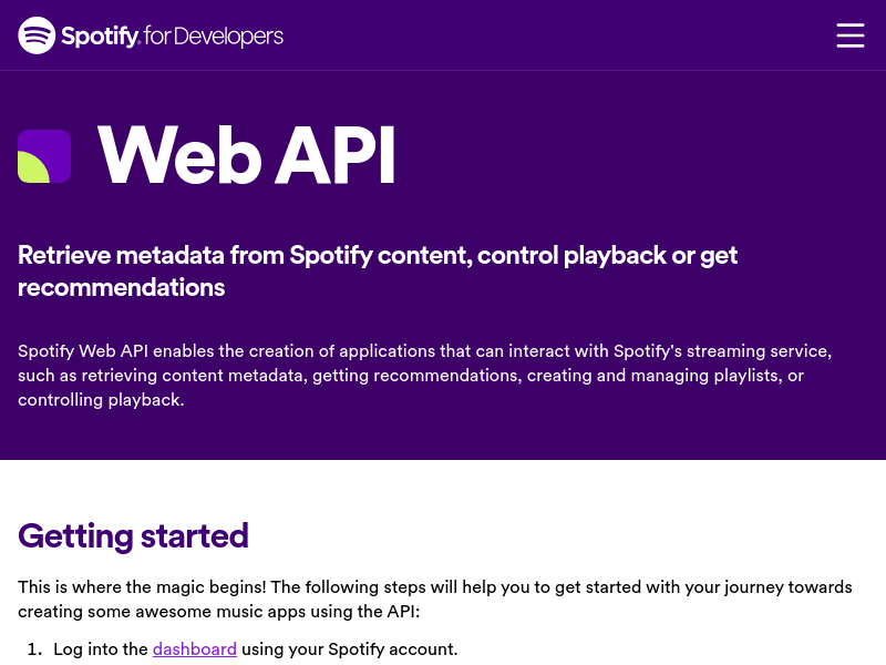 Screenshot of Spotify Web API website