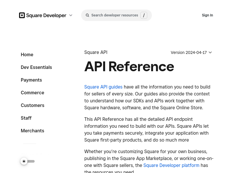 Screenshot of Square API website