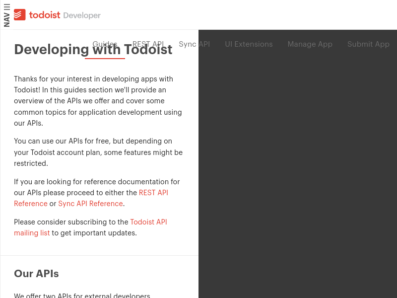 Screenshot of Todoist API website
