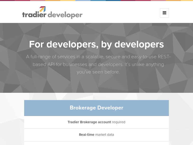 Screenshot of Tradier API website