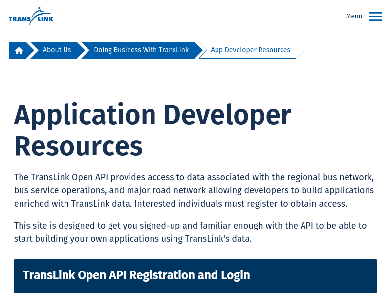 Screenshot of Translink API website
