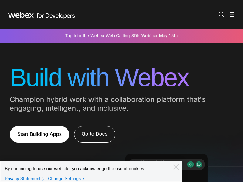 Screenshot of Webex API website