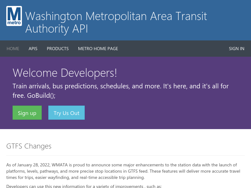 Screenshot of Washington Metropolitan Area Transit Authority API website