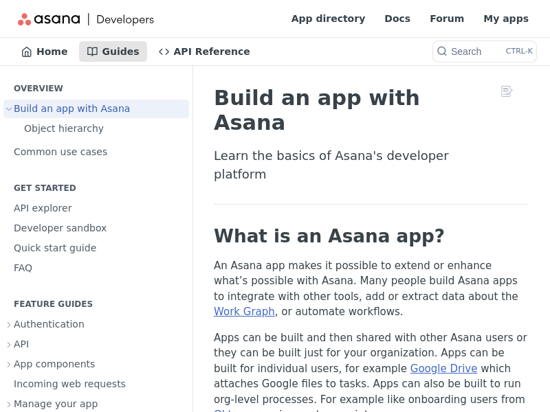 Screenshot of Asana API website