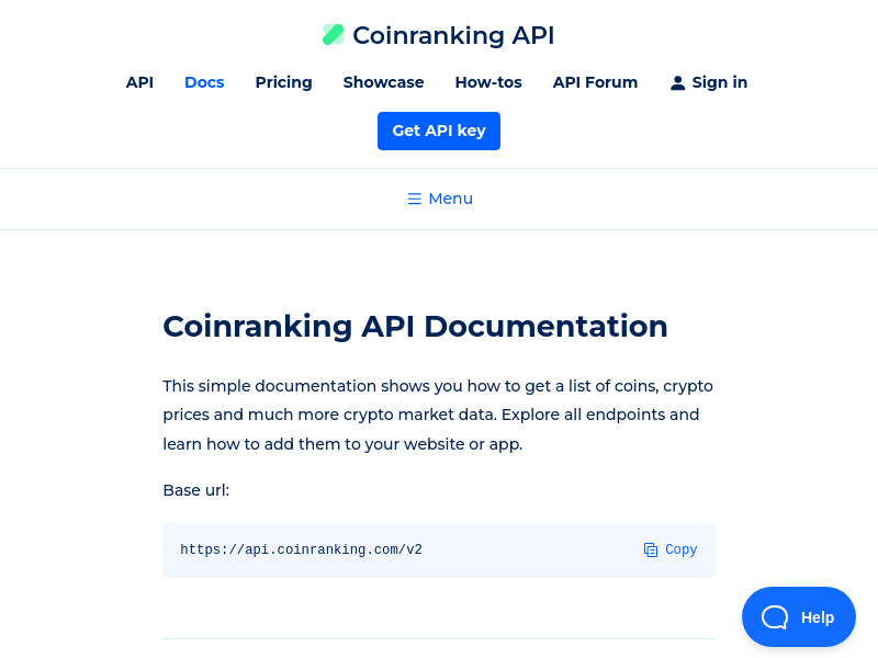 Screenshot of Coinranking API website