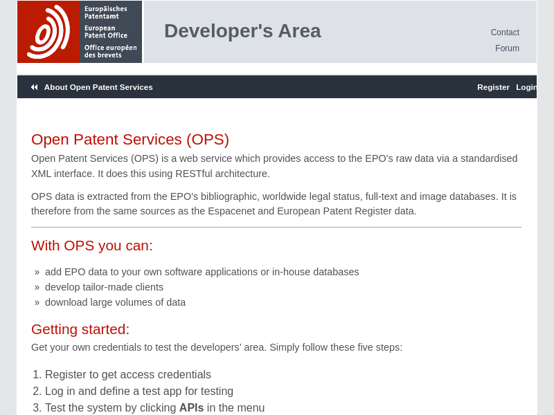 Screenshot of European Patent Office (EPO) API website