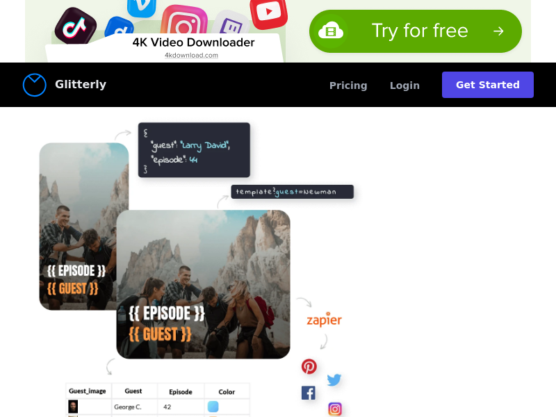 Screenshot of Glitterly API website