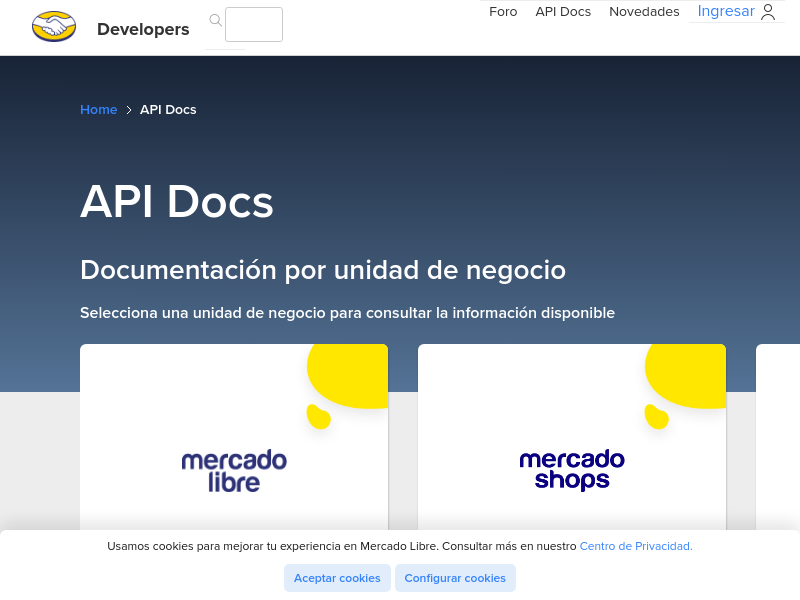 Screenshot of MercadoLibre API website