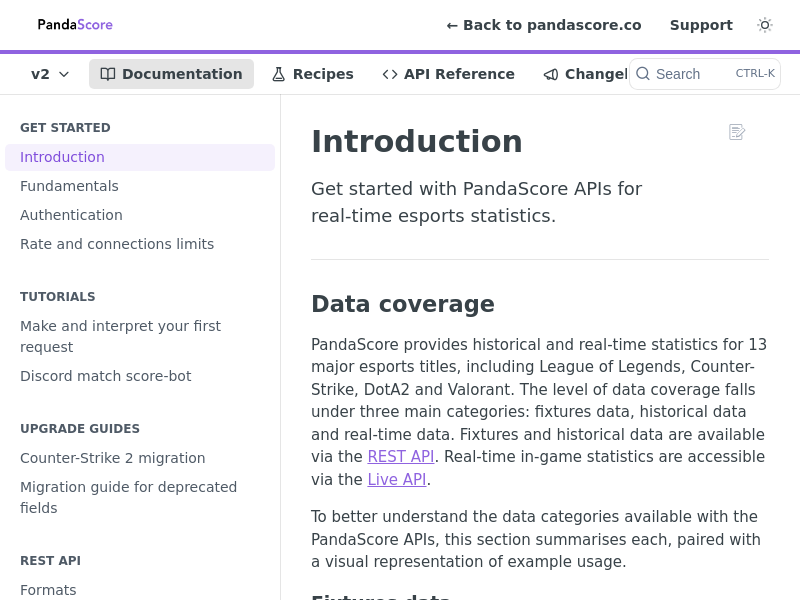 Screenshot of Pandascore API website