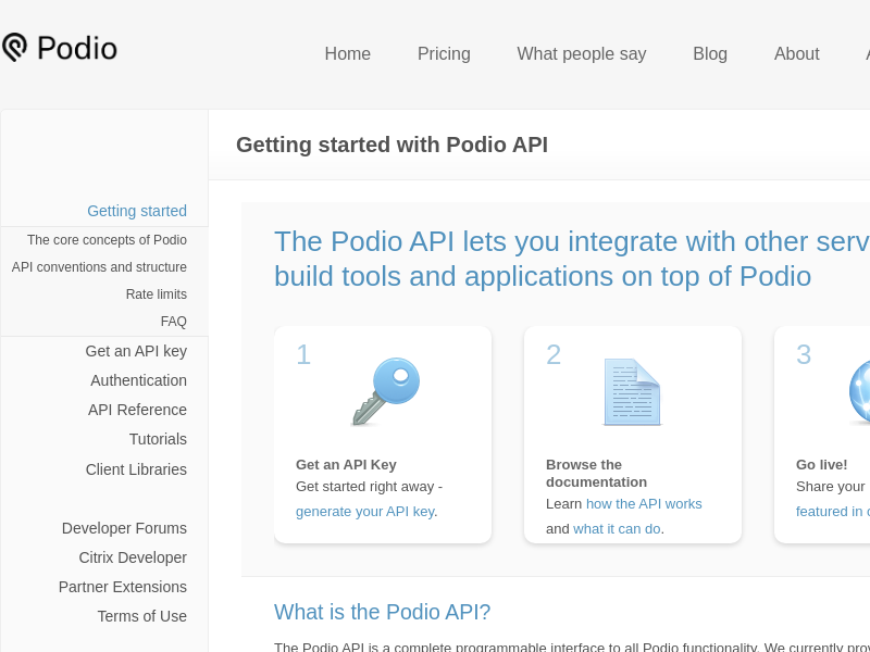 Screenshot of Podio API website