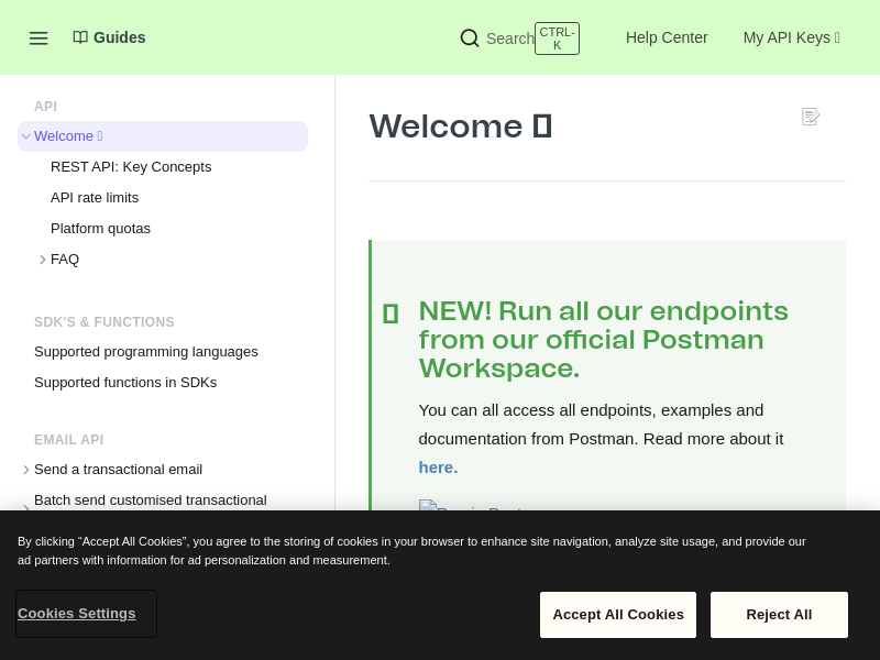 Screenshot of Sendinblue API website