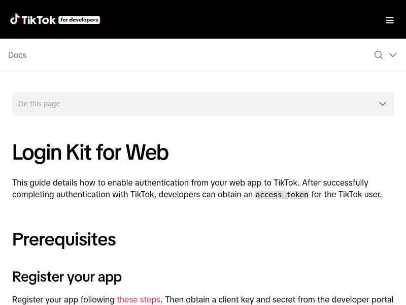 Screenshot of TikTok Login Kit API website