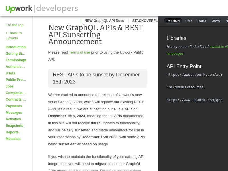 Screenshot of Upwork API website