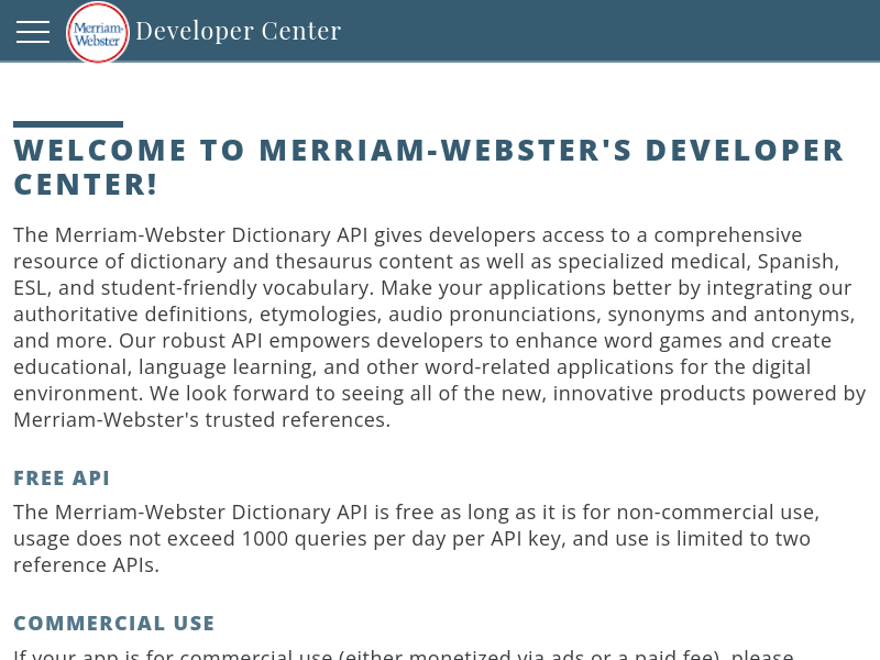 Screenshot of Merriam-Webster Dictionary API website