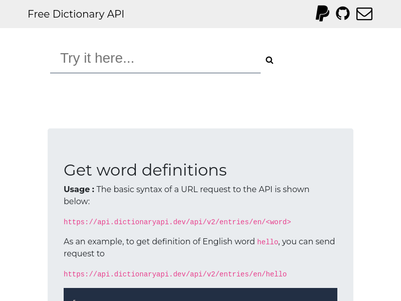 Screenshot of Dictionary API website