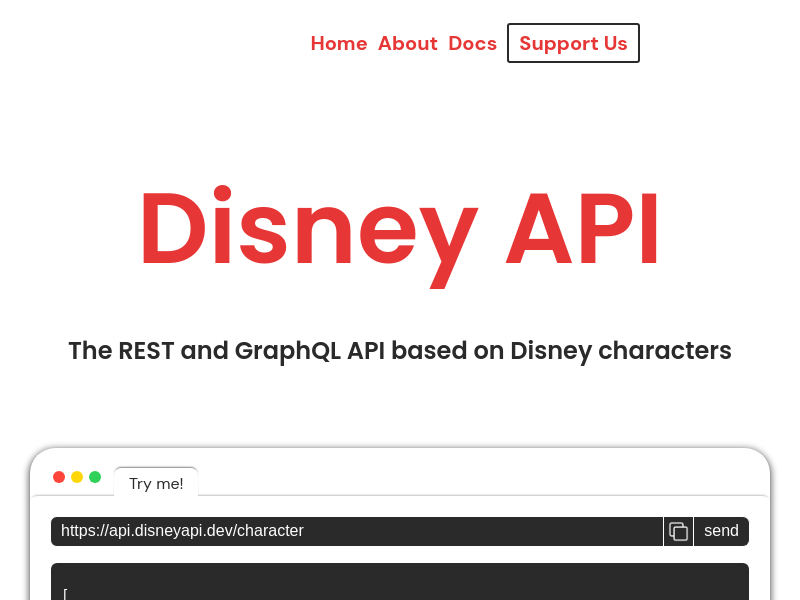 Screenshot of DisneyAPI website