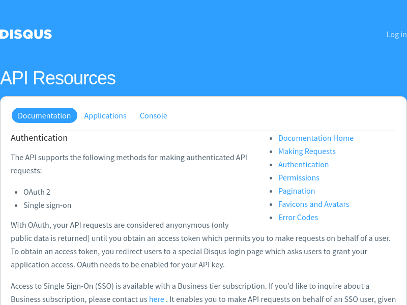 Screenshot of Disqus API website