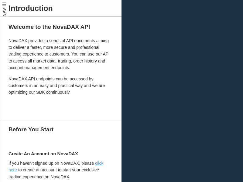 Screenshot of Novadax API website
