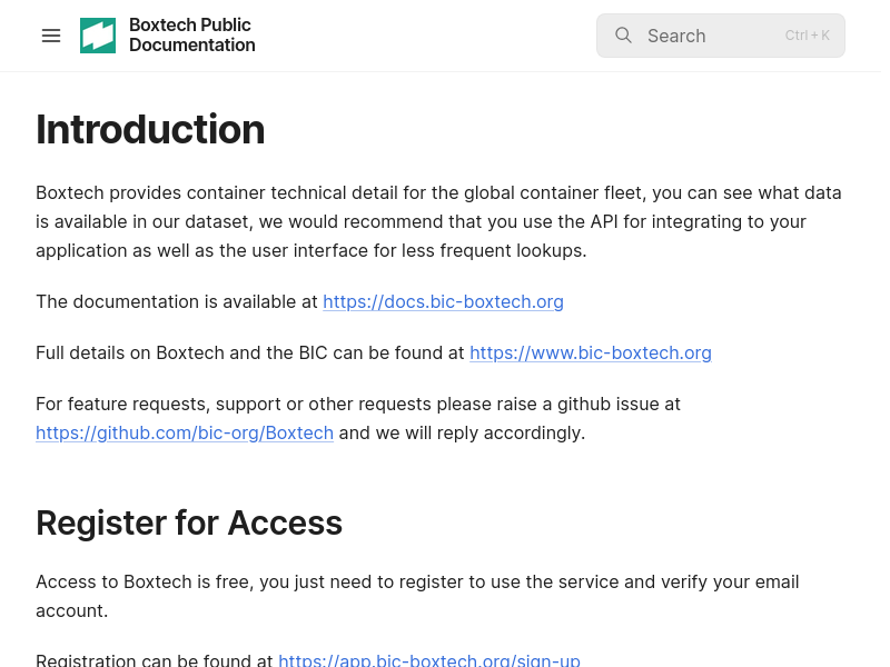 Screenshot of BiC-BoxTech API website