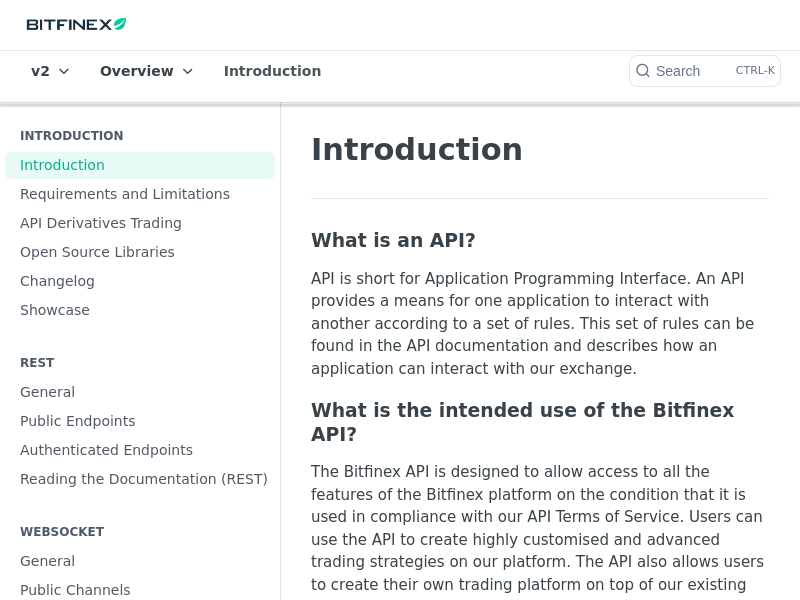 Screenshot of Bitfinex API website