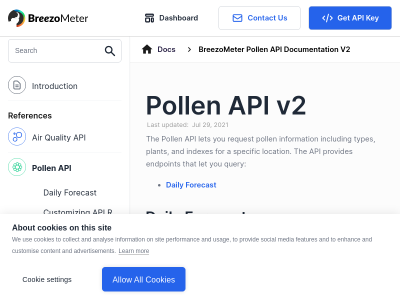 Screenshot of Breezometer Pollen API v2 website