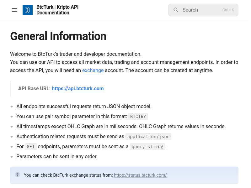Screenshot of BTCTurk API website